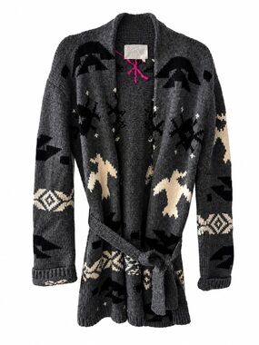 291 Venice Alpaca Wool Aztec Bird Shawl Belted Cardigan Sweater size M-L